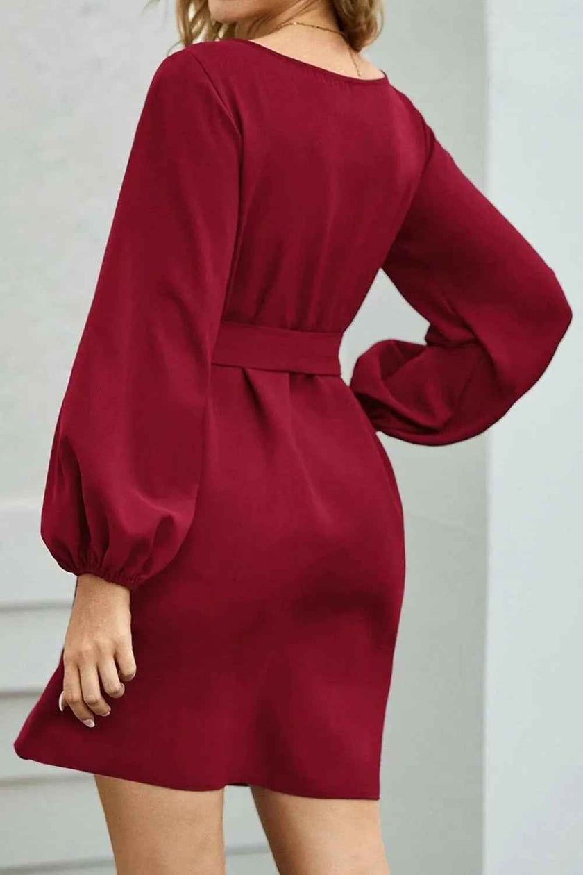 Tied Boat Neck Balloon Sleeve Mini Dress