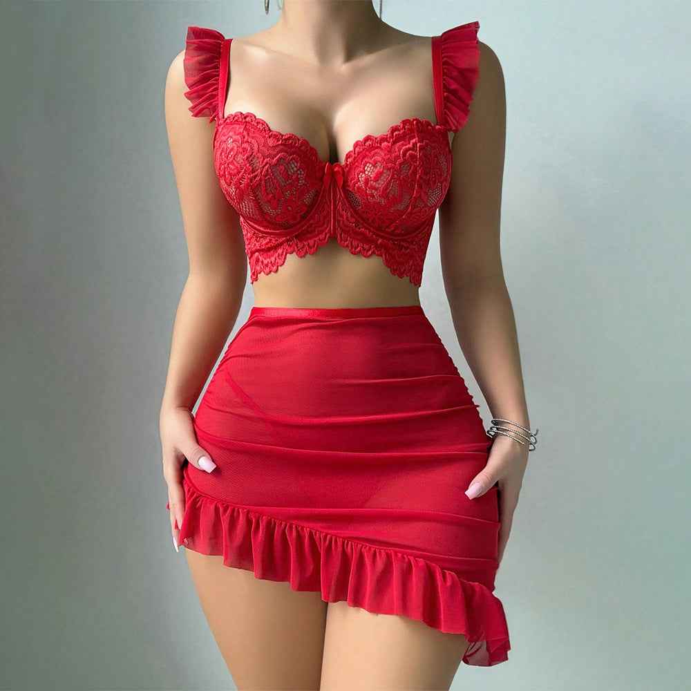 Style Lingerie Set - Lace Transparent Bra, Mini Skirt, and Thong Three-Piece Passionate Uniform
