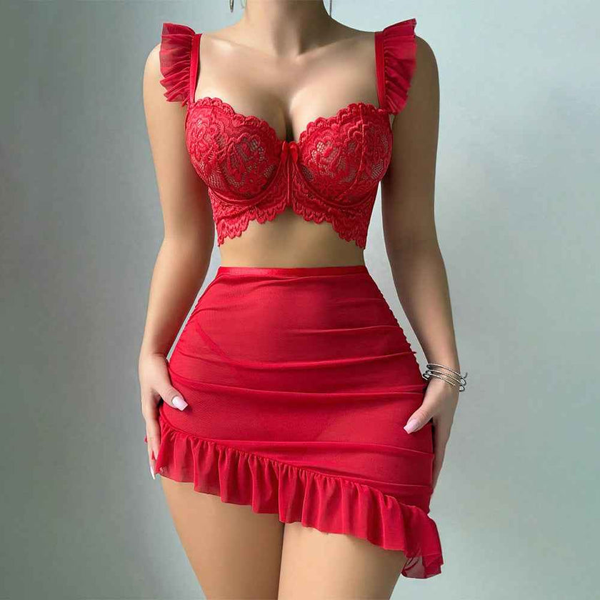 Style Lingerie Set - Lace Transparent Bra, Mini Skirt, and Thong Three-Piece Passionate Uniform