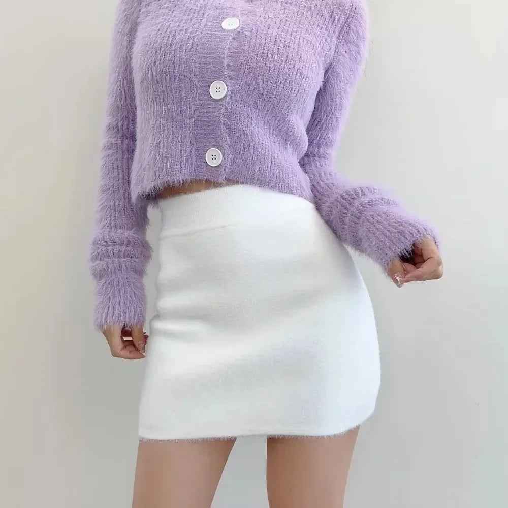 Ins Booss Mini Dress Knitted Thickened A- line Skirt Elastic Waist Sweet Soft Skirt Versatile Style For Various Occasions