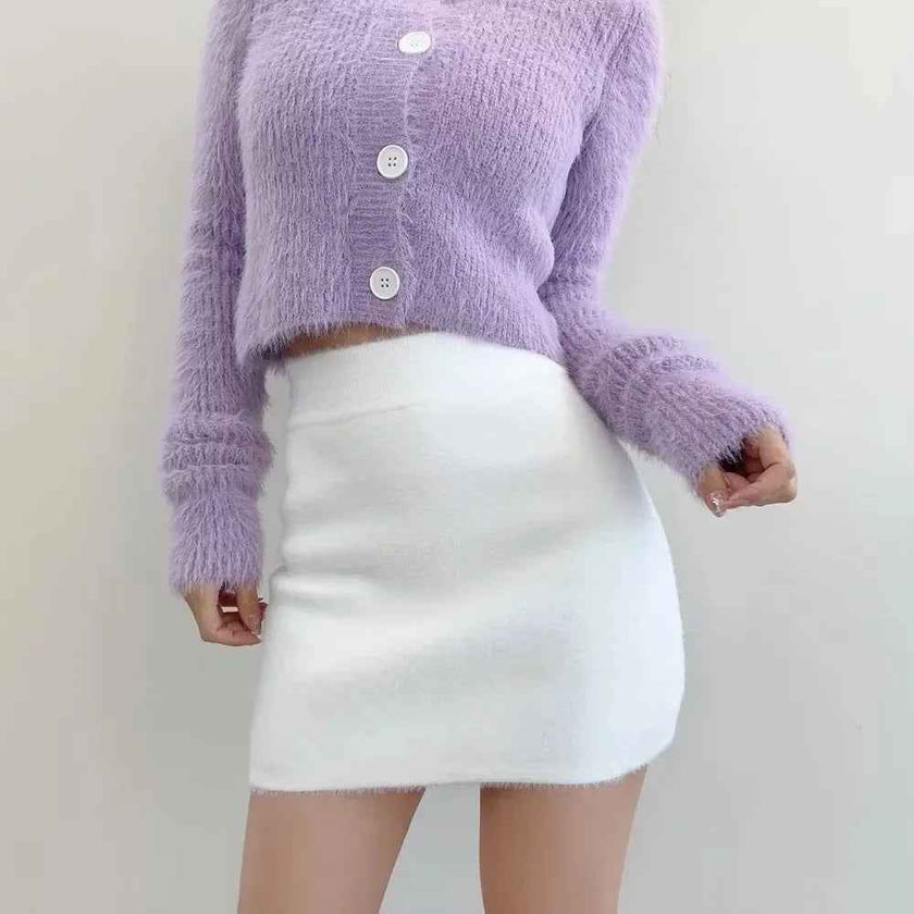 Ins Booss Mini Dress Knitted Thickened A- line Skirt Elastic Waist Sweet Soft Skirt Versatile Style For Various Occasions