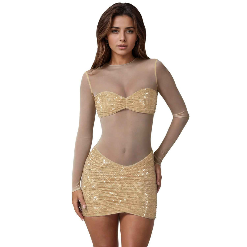 Fashion Women's Sexy Sheer Mesh Rhinestone Dress Mini Skirt