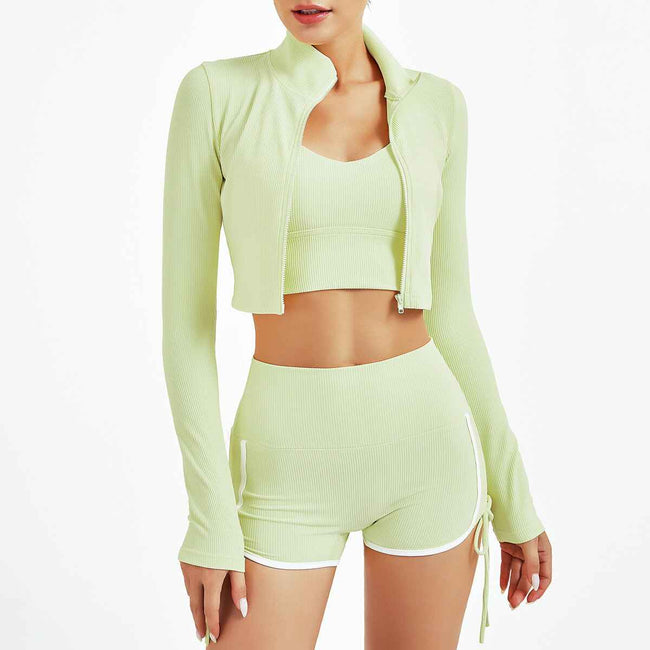 Ribbing Zipper Sexy Seamless Yoga Set Women 2 Piece Fitness Long Sleeve Crop Top Vest High Waist Leggings Gym Workout Set Women