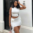 European Style Fitted Solid Color Fashion Set Handmade Embroidered Flower Round Neck Solid Color Crop Top and Mini Skirt Two-Piece Set