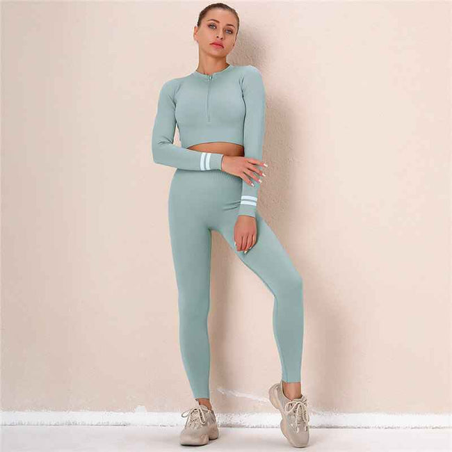 Seamless Fitness Long Sleeve Crop Top High Waist Leggings Sports Suits Women Female Yoga Set Workout Sportswear Gym Clothes Skim