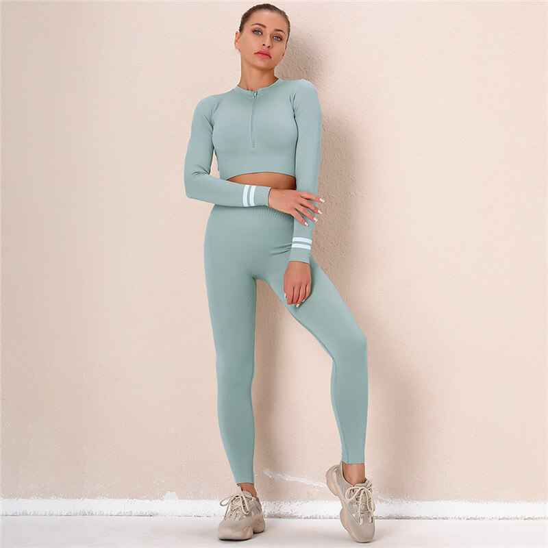 Seamless Fitness Long Sleeve Crop Top High Waist Leggings Sports Suits Women Female Yoga Set Workout Sportswear Gym Clothes Skim