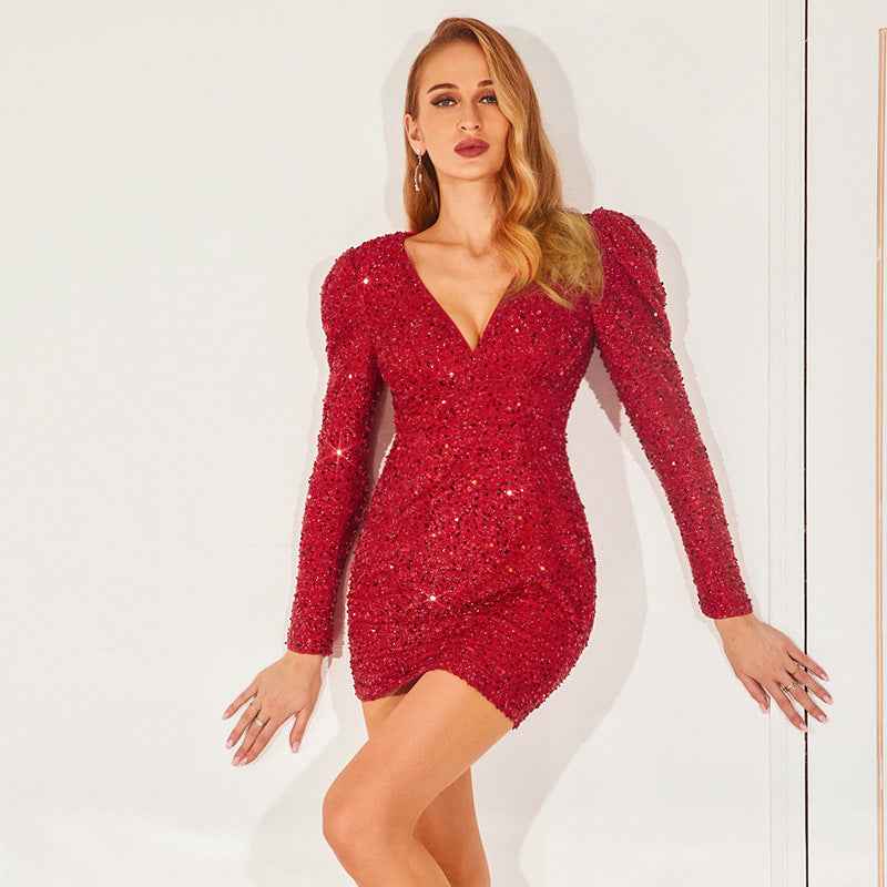 Women's V-Neck Puff Sleeve Starry Sequin Dress Long Sleeve Short Skirt Party INS Style