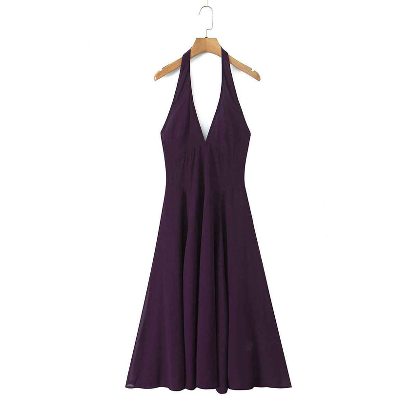 Long-Sleeved V-Neck Halter Dress