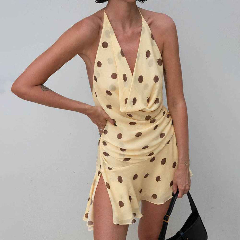 Foreign Trade New French Polka Dot Chiffon Dress Sexy Halter Deep V Fork Backless Pencil Skirt