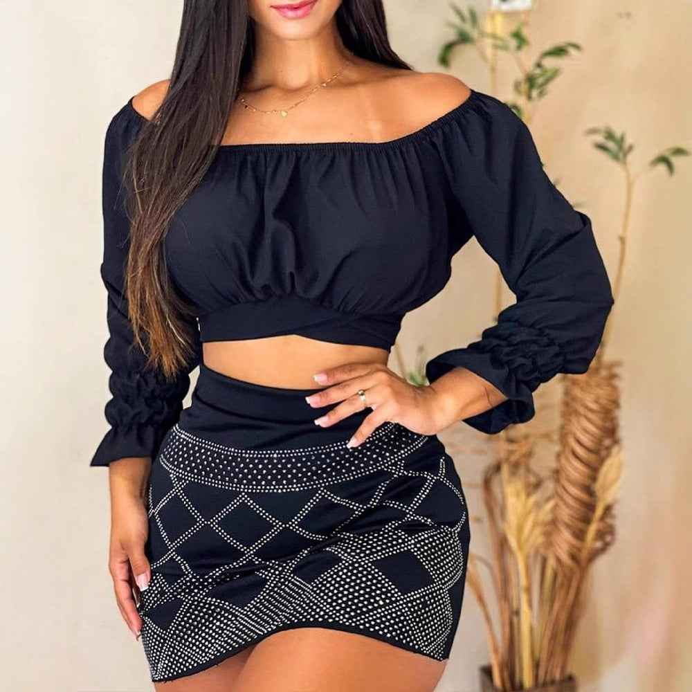 Solid Color Top + Embellished Skirt Set