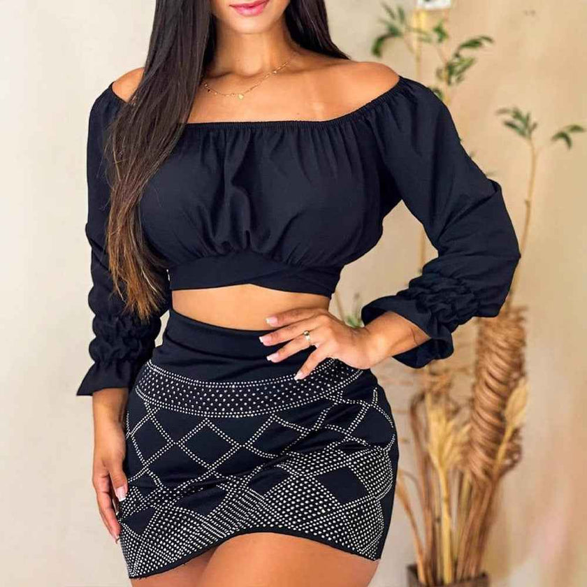 Solid Color Top + Embellished Skirt Set