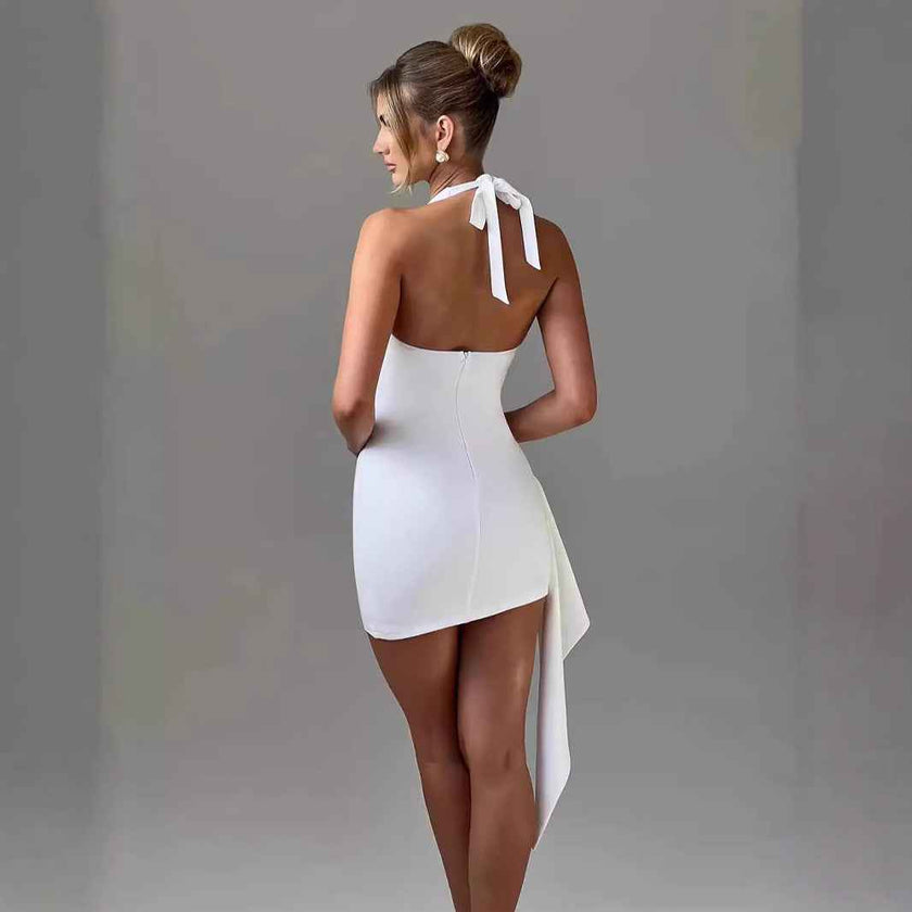 Style Women's Summer New Arrival Solid Color Sexy V-neck Backless Halter Fitted Bodycon Dress Wholesale