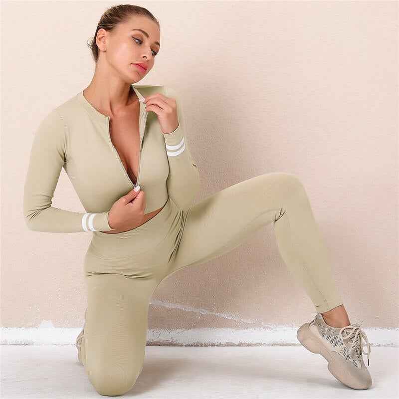 Seamless Fitness Long Sleeve Crop Top High Waist Leggings Sports Suits Women Female Yoga Set Workout Sportswear Gym Clothes Skim