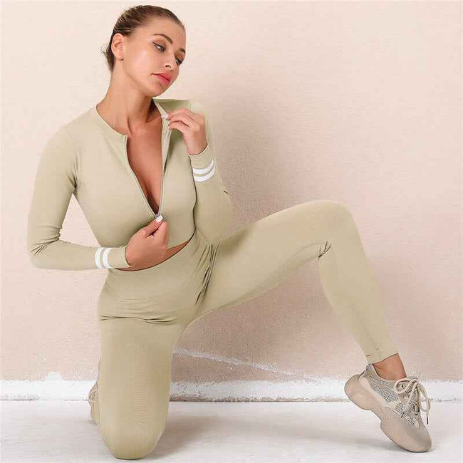Seamless Fitness Long Sleeve Crop Top High Waist Leggings Sports Suits Women Female Yoga Set Workout Sportswear Gym Clothes Skim