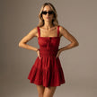 Square Neck Waist-Cinching Spaghetti Strap Mini Dress