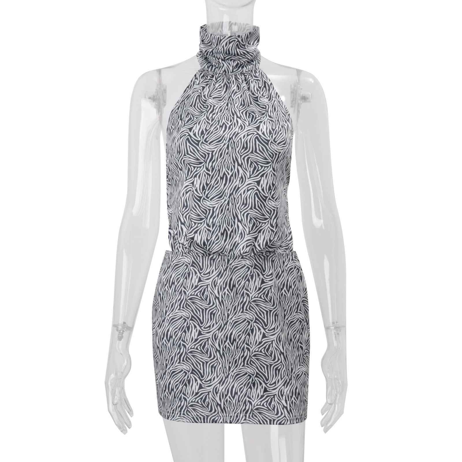 Sexy Zebra Print Backless Halter Bodycon Dress