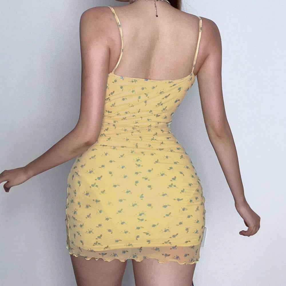 Style Girl Light Yellow Floral Bow Tie Waist Strapless Dress with Tulle Splicing Lace Backless Mini Skirt