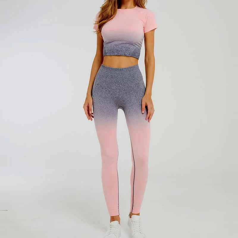 Gradient Short Sleeve Women's Sportswear suit Seamless Gym Clothing Women Gym Yoga Set Fitness Leggings+Cropped shirts