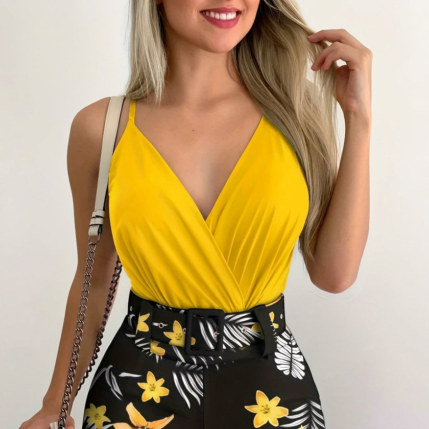 Plant Print Sleeveless V-Neck Top & Shorts Set