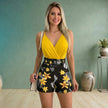 Plant Print Sleeveless V-Neck Top & Shorts Set