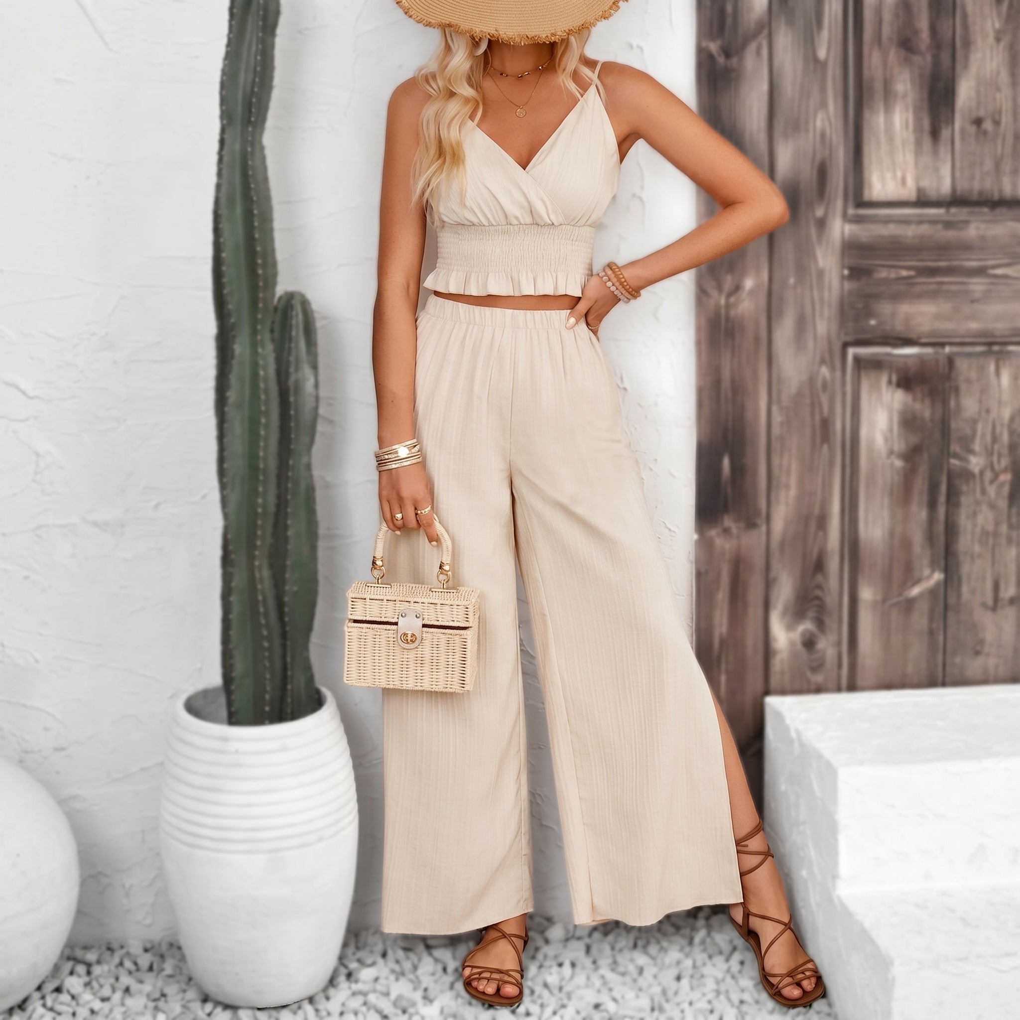 Smocked Surplice Cami and Wide Leg Pants Set