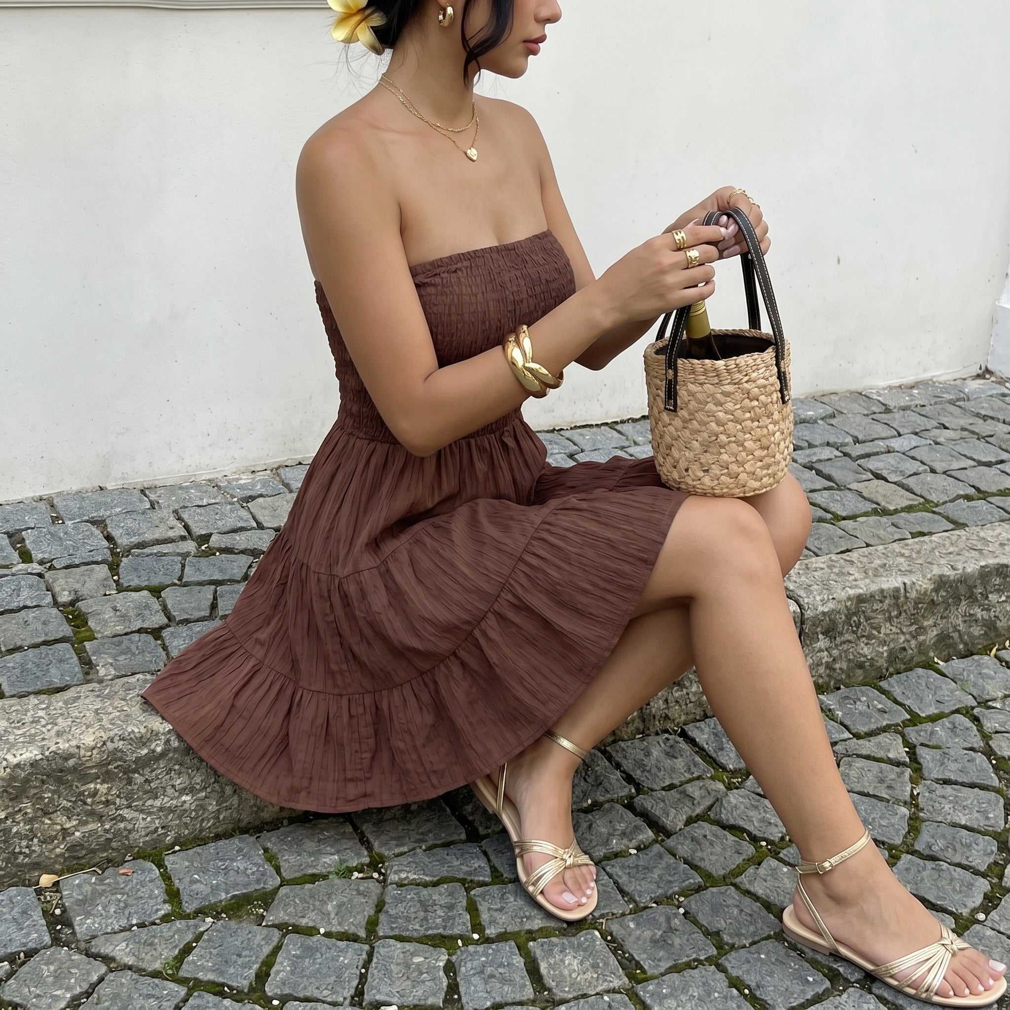 Smocked Strapless Tiered Ruffle Mini Dress