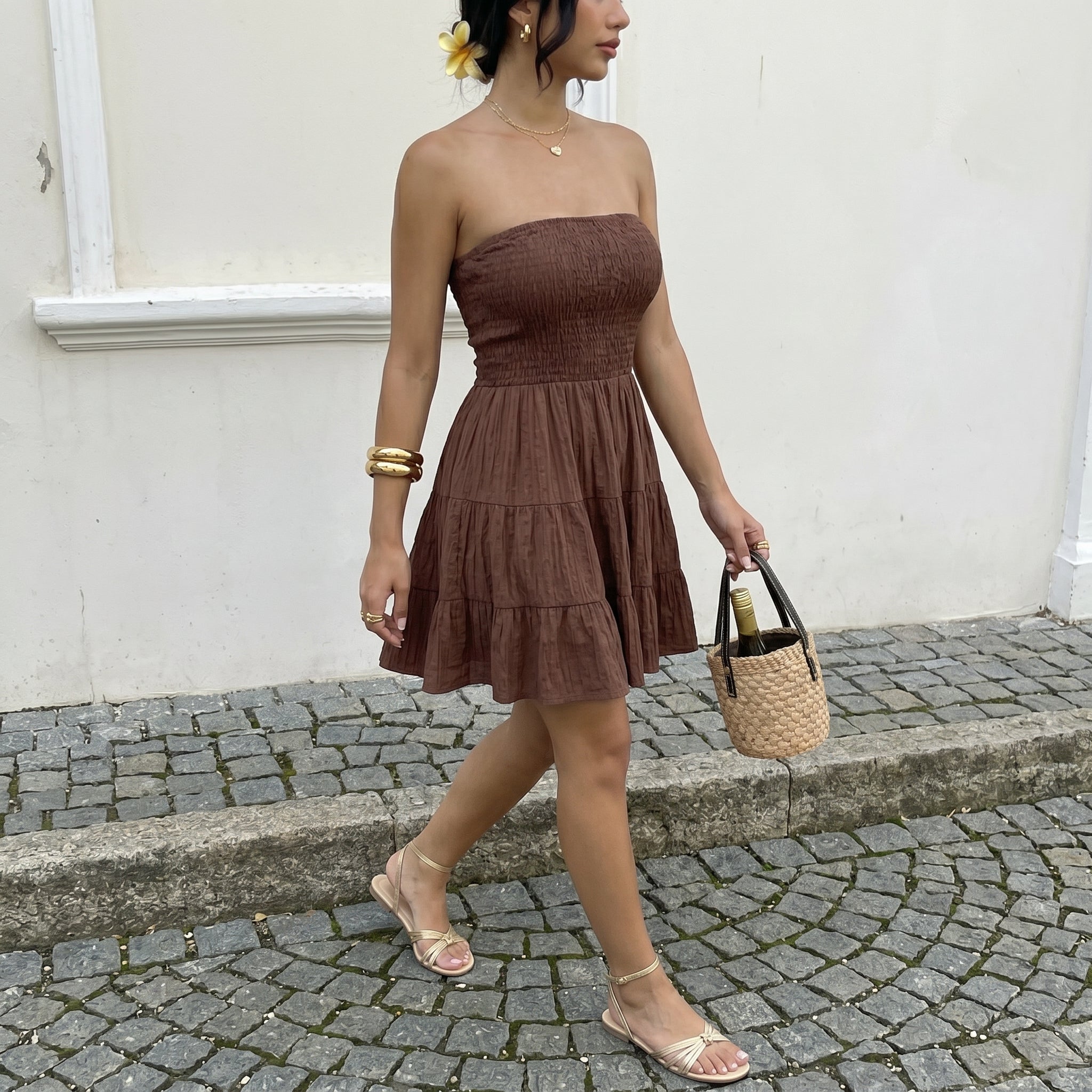 Smocked Strapless Tiered Ruffle Mini Dress