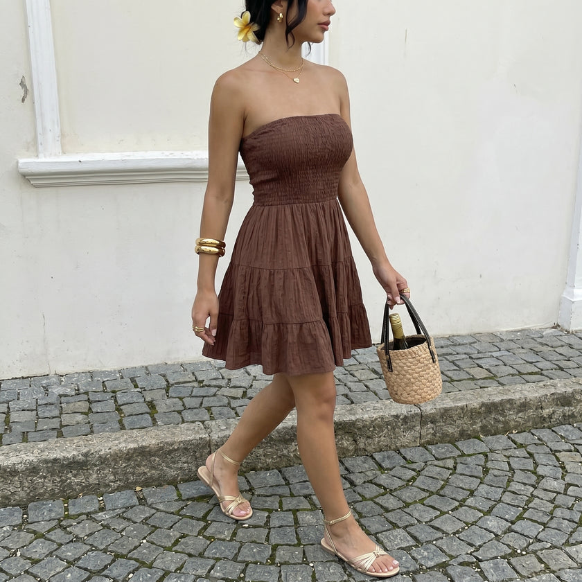 Smocked Strapless Tiered Ruffle Mini Dress