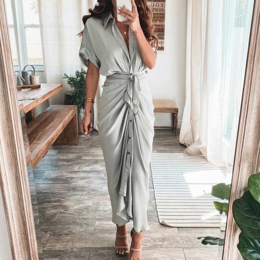 Tie-Waist Button-Down Midi Dress
