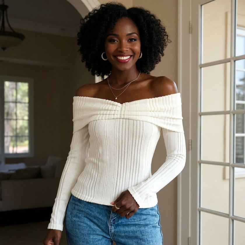 Off-Shoulder Ribbed Knit Top | Charles Emporium