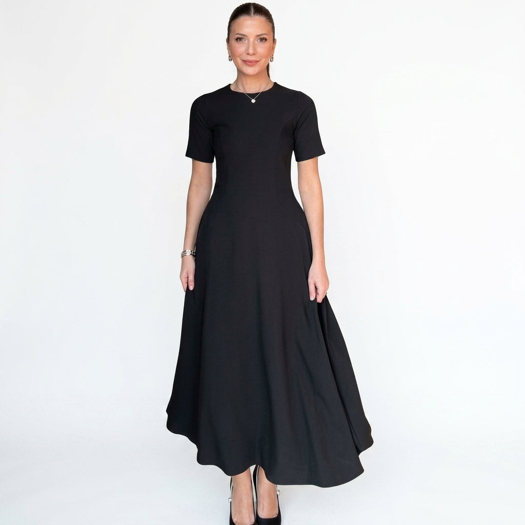 Waist-Cinched A-Line Short Sleeve Midi Dress