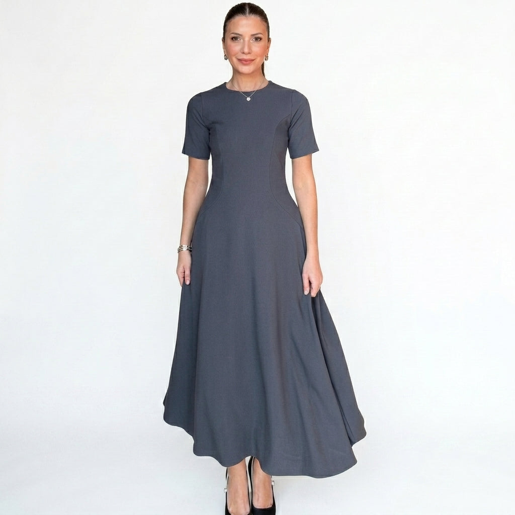 Waist-Cinched A-Line Short Sleeve Midi Dress