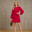 Tied Boat Neck Balloon Sleeve Mini Dress