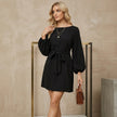 Tied Boat Neck Balloon Sleeve Mini Dress