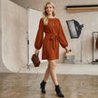 Tied Boat Neck Balloon Sleeve Mini Dress