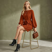 Tied Boat Neck Balloon Sleeve Mini Dress