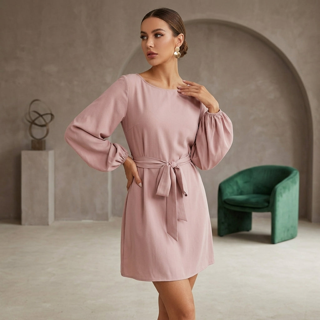 Tied Boat Neck Balloon Sleeve Mini Dress