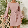 Tied Boat Neck Balloon Sleeve Mini Dress