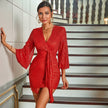 Lace V-Neck Sequin Three-Quarter Sleeve Mini Dress