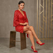 Lace V-Neck Sequin Three-Quarter Sleeve Mini Dress