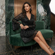 Sequin Deep V-Neck Long Sleeve Swing Mini Dress