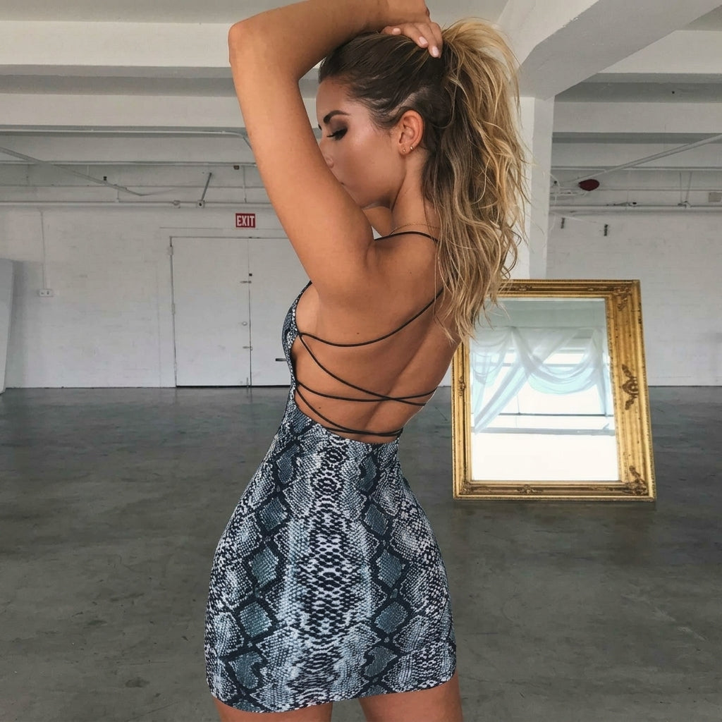 Snake Print Strapless Backless Bodycon Mini Dress