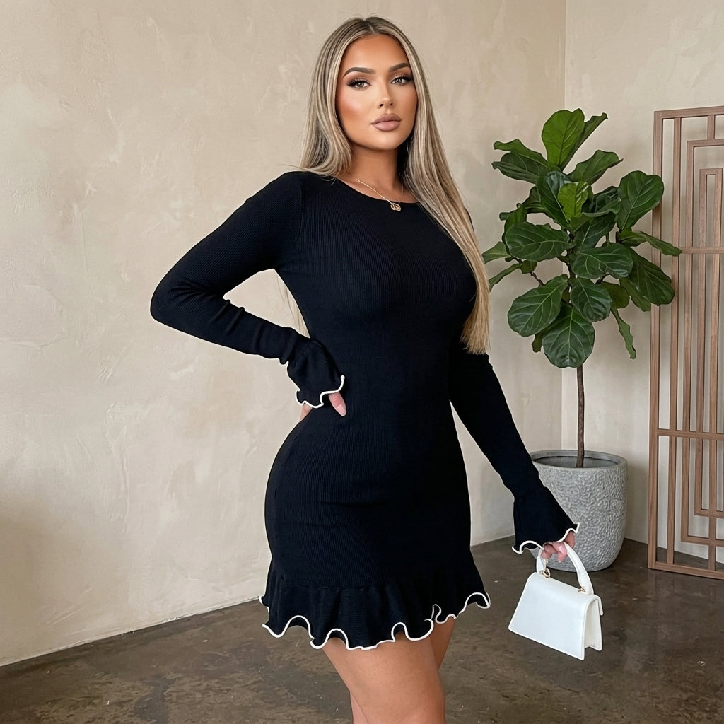 Contrast Trim Long Sleeve Mini Dress