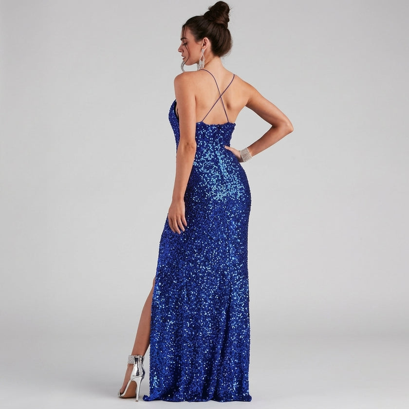 Split Sequin Spaghetti Strap Maxi Dress