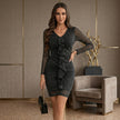 Metallic Ruffled V-Neck Long Sleeve Mini Dress
