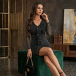 Metallic Ruffled V-Neck Long Sleeve Mini Dress