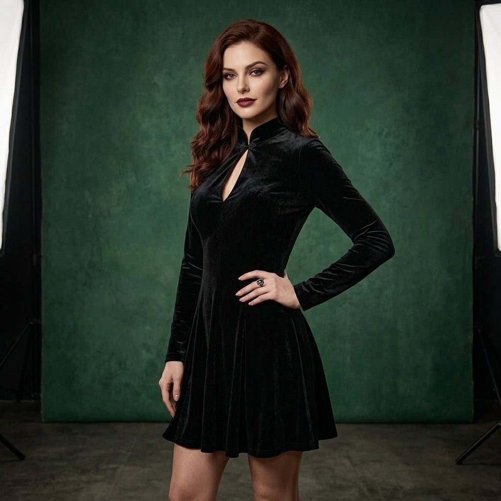 Minimalist Cheongsam Velvet Mini Dress