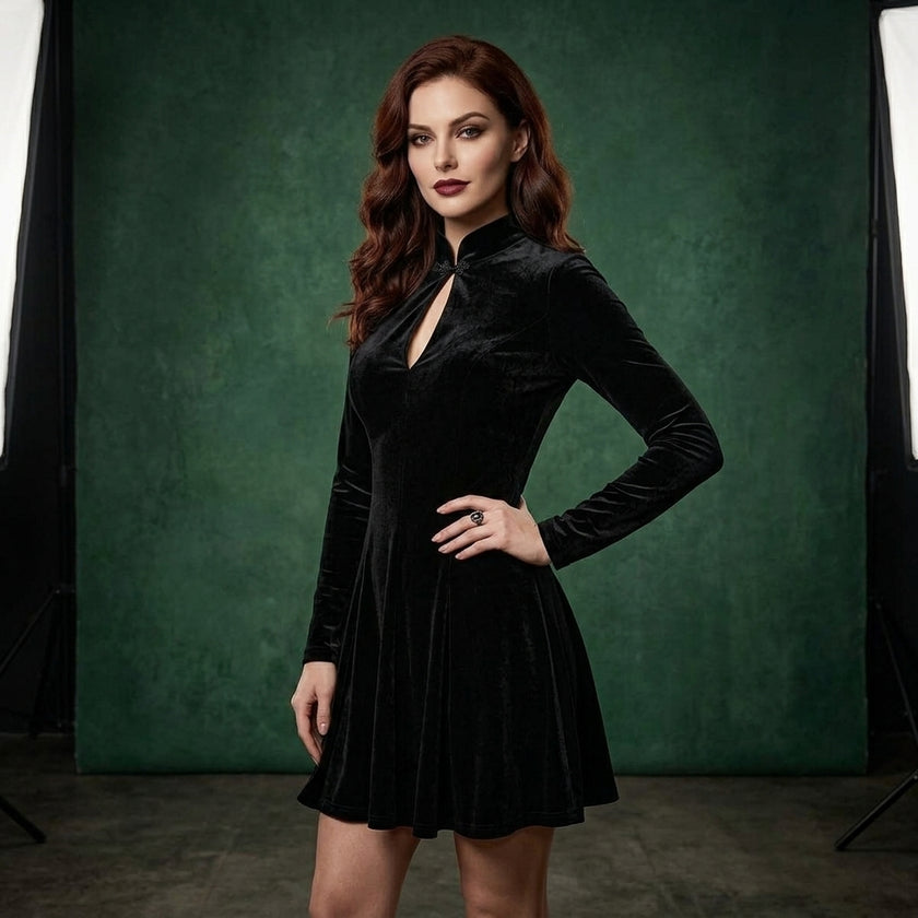 Minimalist Cheongsam Velvet Mini Dress