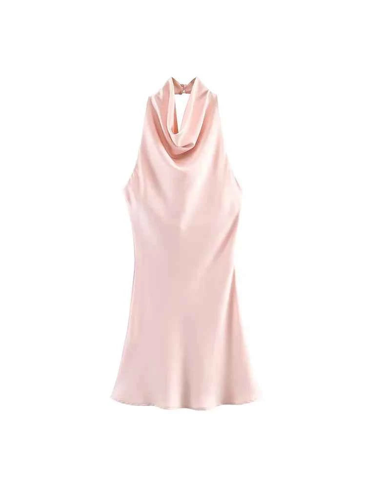 Satin Backless Halter Mini Dress