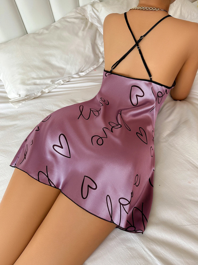 Heart Letter Print Spaghetti Strap Sleepwear